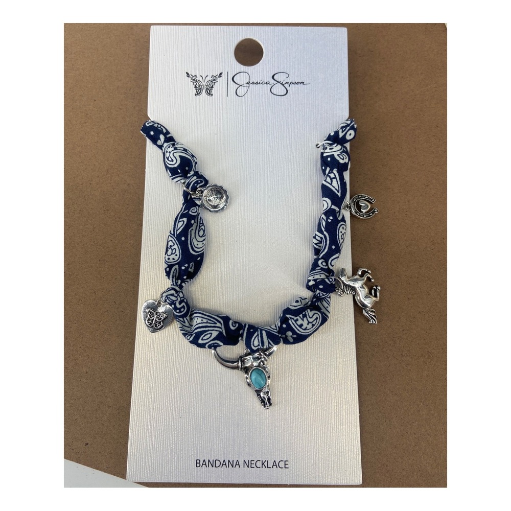 Jessica Simpson Navy Blue Bandana Charm Necklace Western Steer Skull Horseshoe